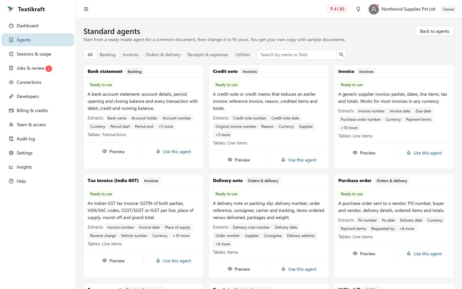 The standard agents library: ready-made agents for invoices, credit notes, tax invoices, purchase orders, delivery notes and bank statements